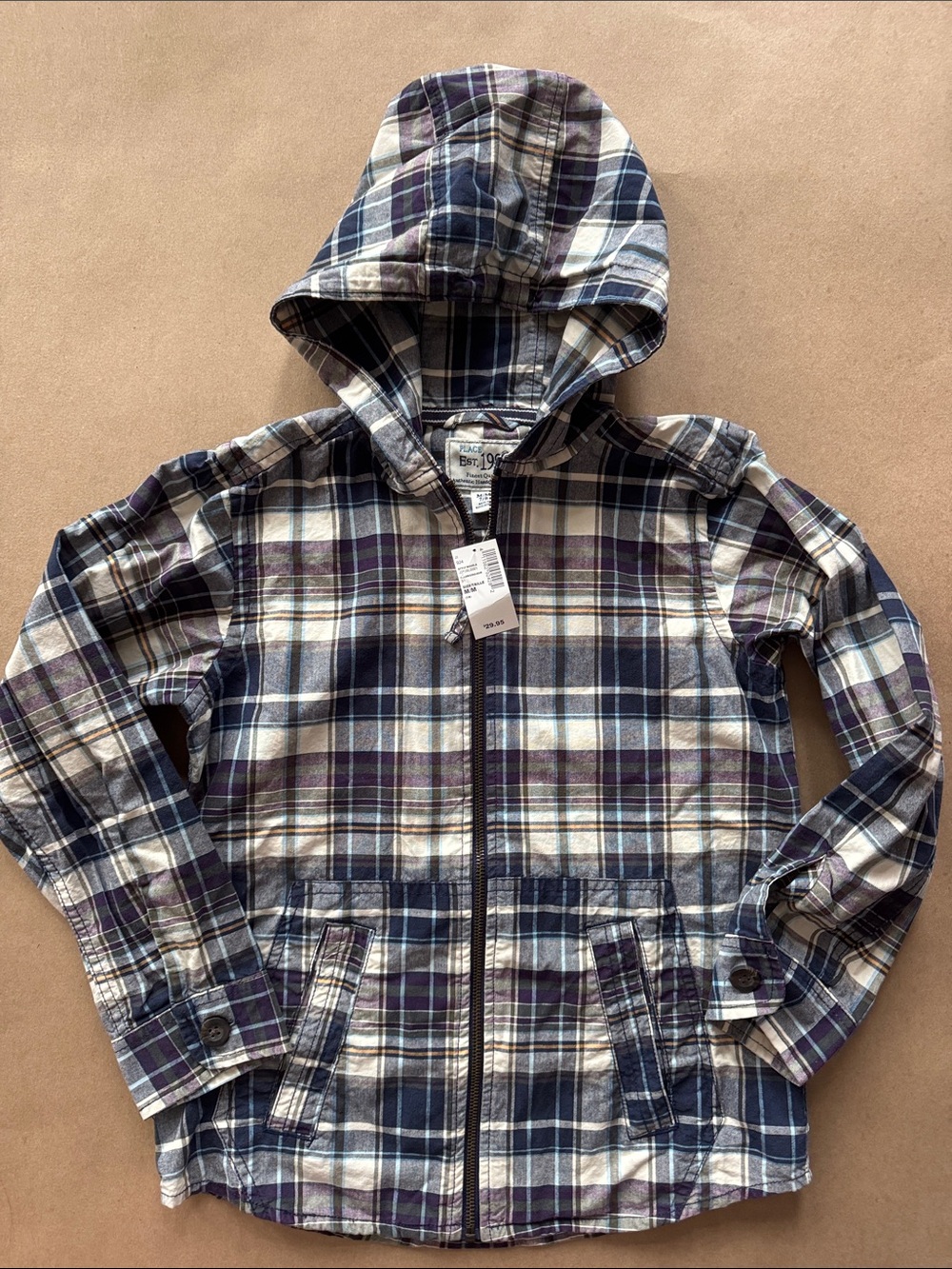 Place Plaid Hooded Jacket in Navy, Purple & Cream